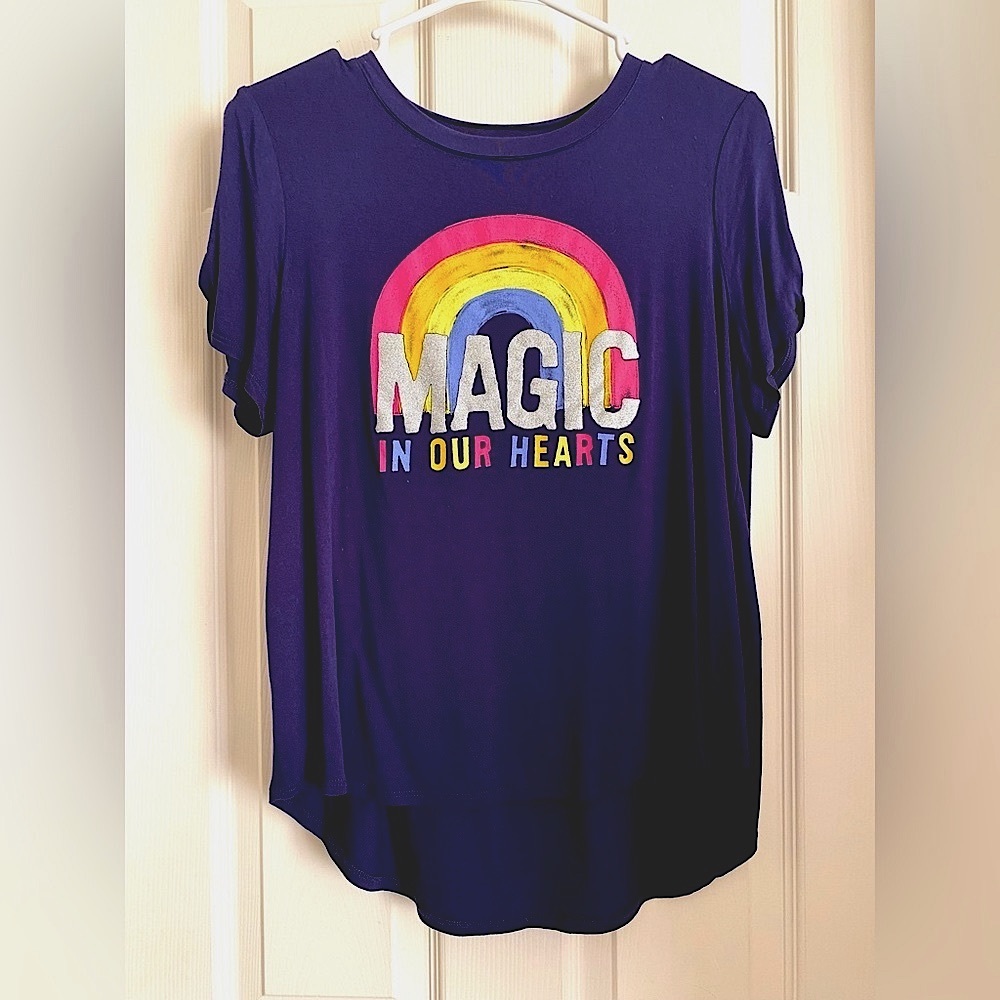 NWOT Girl’s 18 PLUS Rainbow Tshirt NAVY Shoulder Cutout EYESHADOW GIRLS